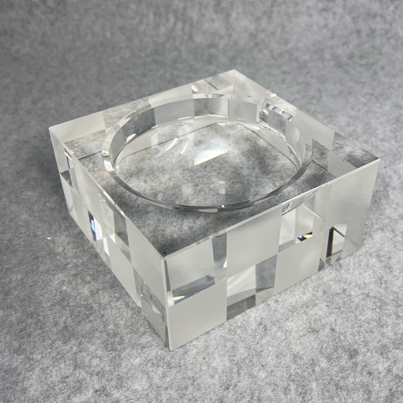 Lucien Piccard Crystal Pillar Candle Holder Checkered Frosted Clear Heavy Signed - Picture 2 of 7